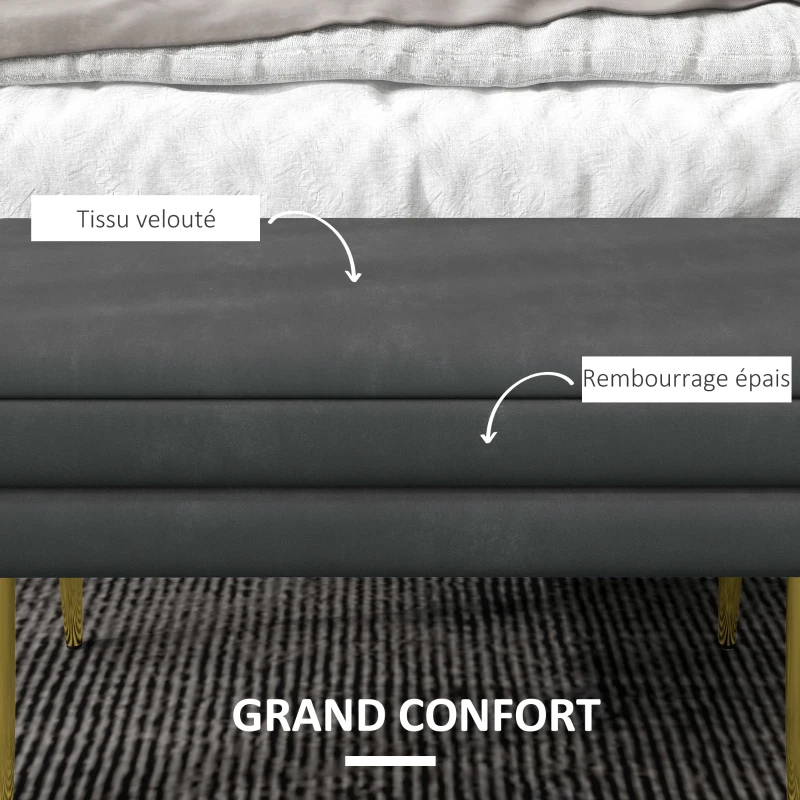 HOMCOM Banc banquette coffre de rangement 2 en 1 assise aspect velours et pieds acier - 79,5L x 37,5P x 43H cm gris et doré