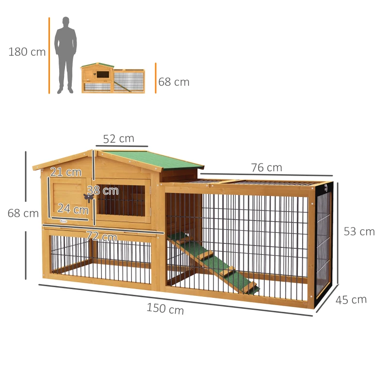 PawHut Hasenstall 2 Ebenen Kaninchenstall Tannenholz Winterfest Doppelstockhaus mit Freilaufgehege Rampe 150x52x68 cm Gelb(m-3)