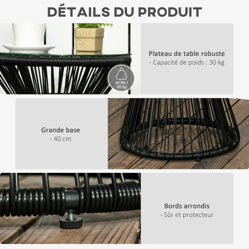 Outsunny Table de jardin ronde en résine tressée imitation rotin table de bistrot métal plateau verre trempé Ø 40 x 42 cm noir