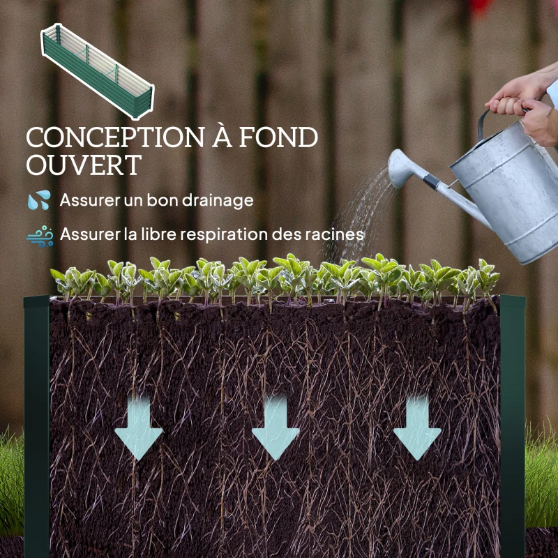 Outsunny Carré potager potager surélevé en acier galvanisé barres de soutien et plaques d'angle fond ouvert 240 x 40 x 45 cm vert