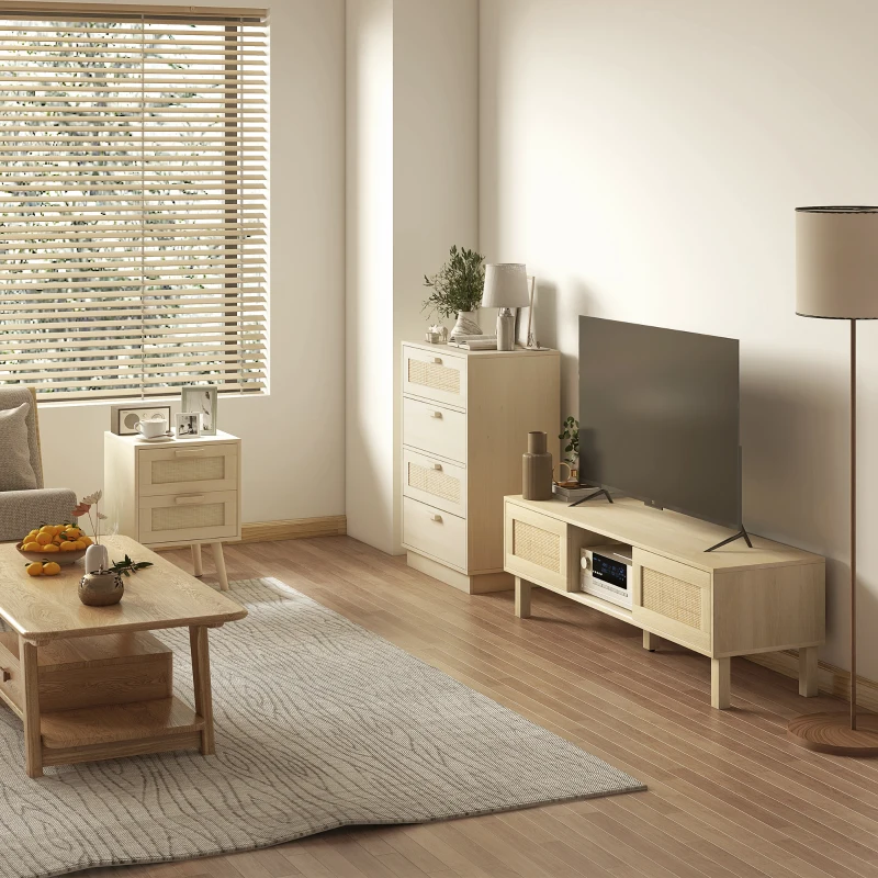 HOMCOM Commode design bohème en rotin avec 4 tiroirs, meuble de rangement pour le salon, le couloir, l'entrée, bois naturel