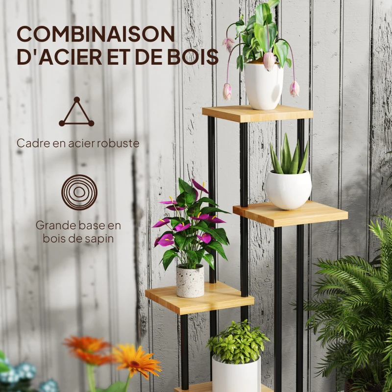 Outsunny Support à plantes à 5 niveaux pour intérieur et extérieur, étagère plante avec 4 roues  en acier et bois bois naturel