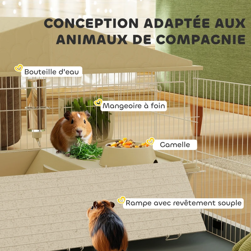 PawHut Cage cochon d'inde cage pour petits animaux avec parc amovible tapis imperméable mangeoire à foin 108 x 71 x 57 cm beige