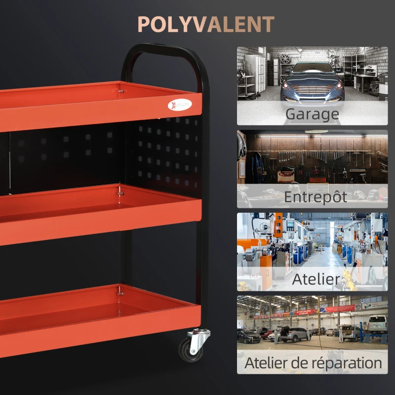 DURHAND Chariot d'atelier servante atelier à 3 niveaux avec étagères, planches suspendues, charge jusqu'à 100 kg, rouge