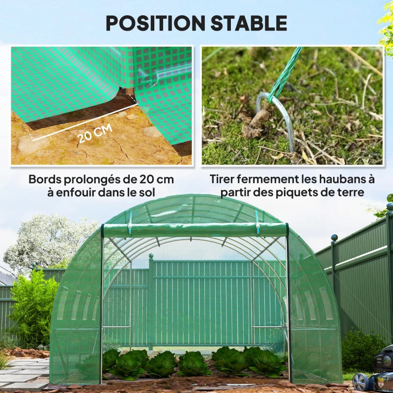 Outsunny Serre tunnel de jardin 3 x 4 x 2 m avec porte enroulable et grandes fenêtres, en acier galvanisé et PE, vert