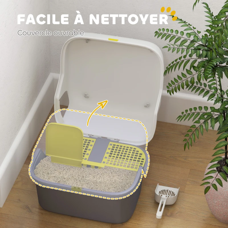 PawHut Bac à litière pour chat maison de toilette pour chat couvercle supérieur verrouillable et ouvrable 50 x 50 x 39 cm crème