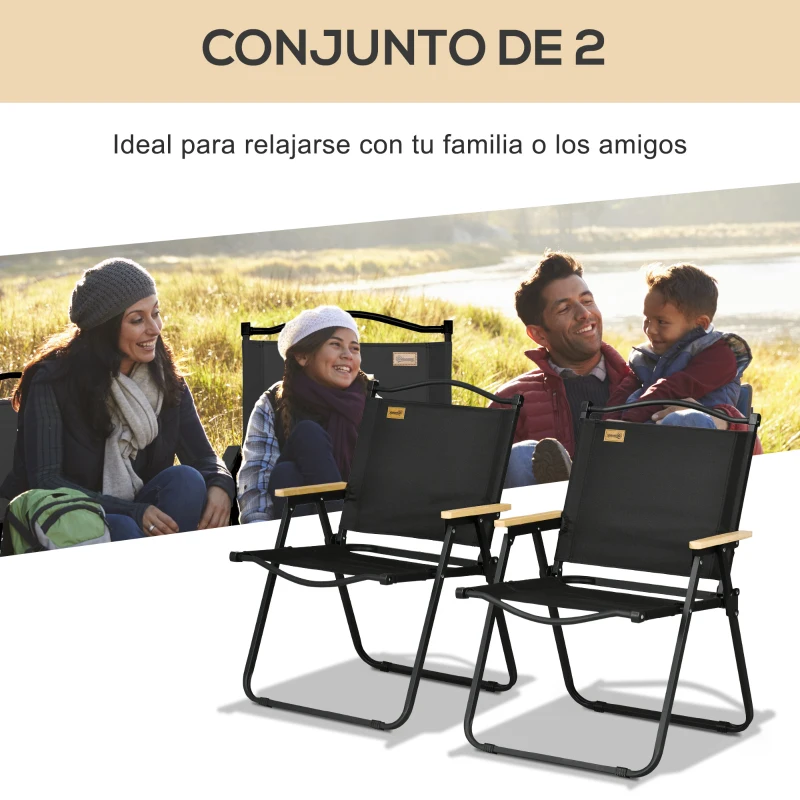 Outsunny Set 2 Sillas de Jardín Plegables con Reposabrazos Sillas para Camping y Playa en Tela Oxford y Acero 54x59x78 cm Negro