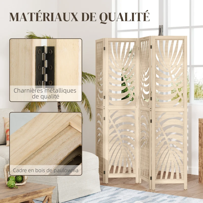 HOMCOM Paravent interieur en bois 4 panneaux 160 x 170 cm, pliable et portable, motif de feuille, design amovible, bois naturel