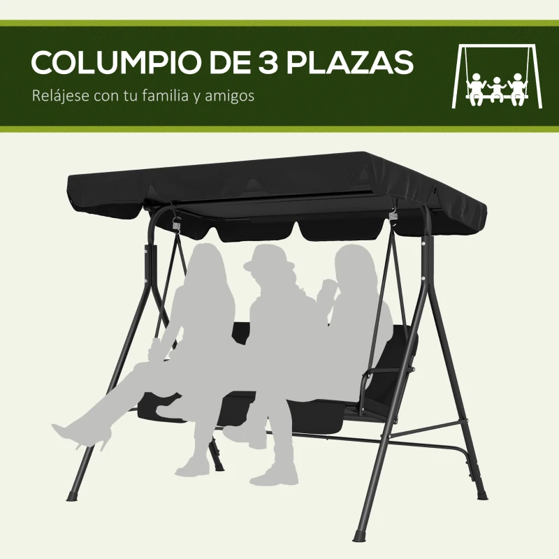Outsunny Balancín de Jardín Exterior Columpio de 3 Plazas con Toldo Ajustable y Marco de Acero para Terraza 172x110x153 cm Negro