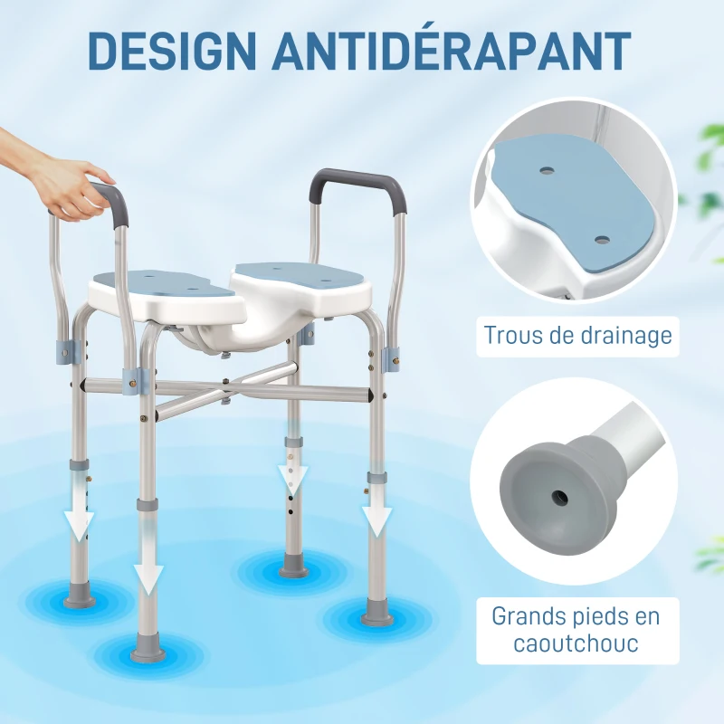 HOMCOM Chaise de douche avec accoudoirs siège de douche en forme U hauteur réglable anti-dérapant 53 x 36 x 64-75 cm bleu clair