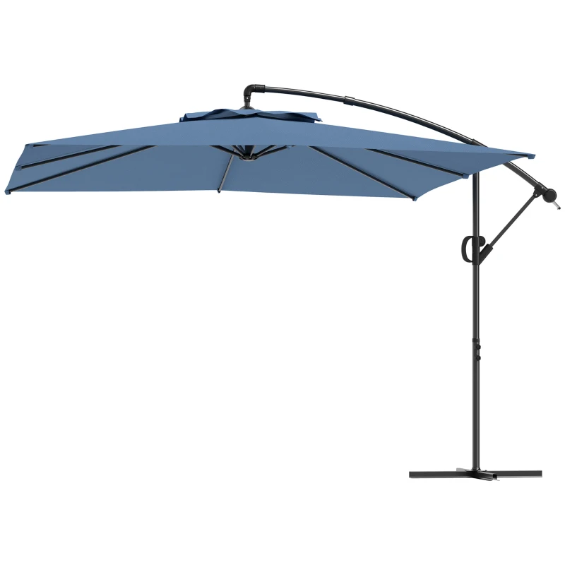 Outsunny Parasol déporté carré 3 x 3 m avec manivelle, base croisée, parasol inclinable et rotation à 360°, toile 180 g/m² bleu