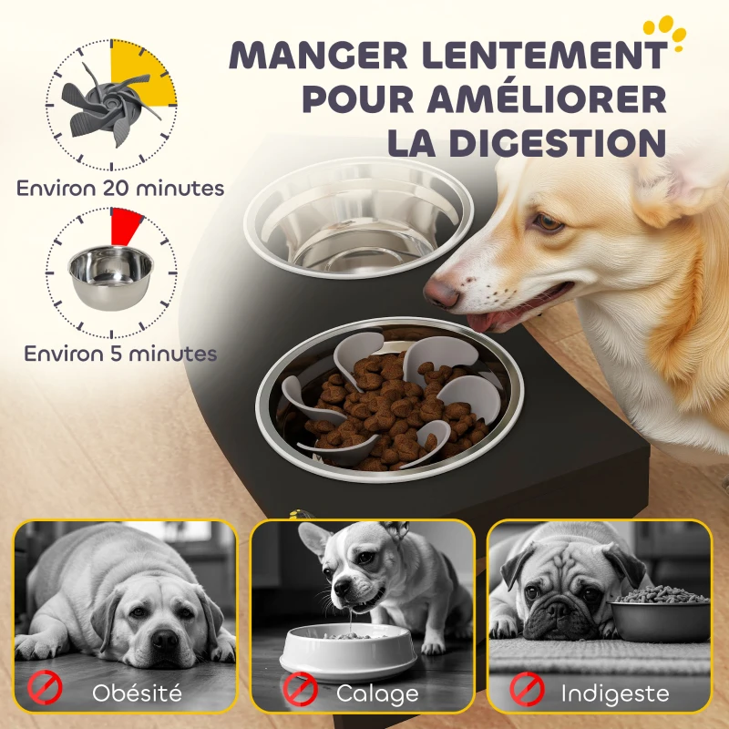 PawHut Gamelle chien surélevée avec support gamelle pour chien avec 2 bols en acier inoxydable de 1L 52,5 x 30 x 16,5 cm noir