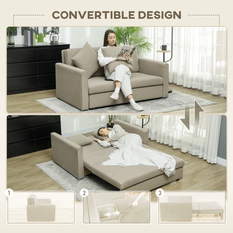 HOMCOM 2 Seater Sofa Bed with Hidden Storage, Pull Out Convertible Bed Settee, Modern Snow Flannel Loveseat Sofa Sleeper with 2 Cushions for Living Room, Guest Room, Light Brown