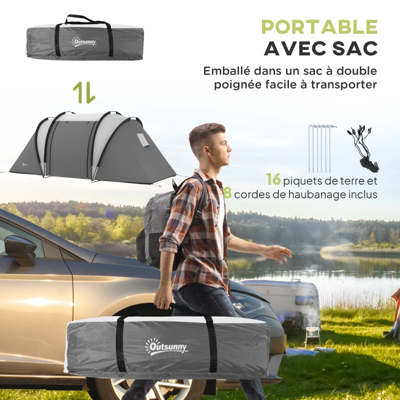 Outsunny Tente de camping familiale 4-5 personnes avec 2 chambres 3 fenêtre, sac de transport, étanche, dim. 450L x 220l x 180Hcm