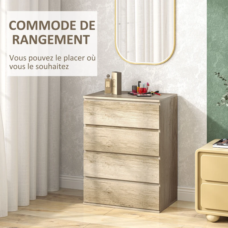 HOMCOM Commode 4 tiroirs meuble de rangement sans poignées design minimaliste 60 x 40 x 80 cm naturel