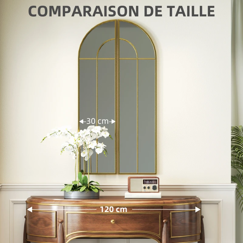 HOMCOM Miroir mural arc 30 x 120 cm, grand miroir décoratif avec cadre métallique, pour salon, chambre, couloir, ton doré