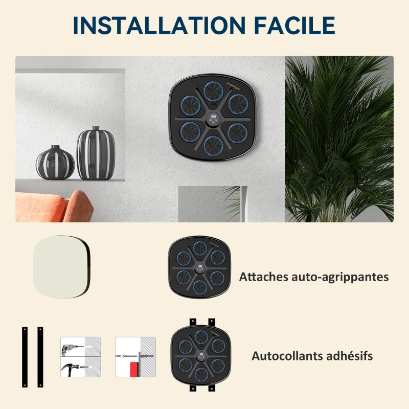 SPORTNOW Machine de boxe musicale boxe mural musique avec 9 vitesses et modes Bluetooth gants de boxe 41,8 x 44,6 x 7,5 cm noir