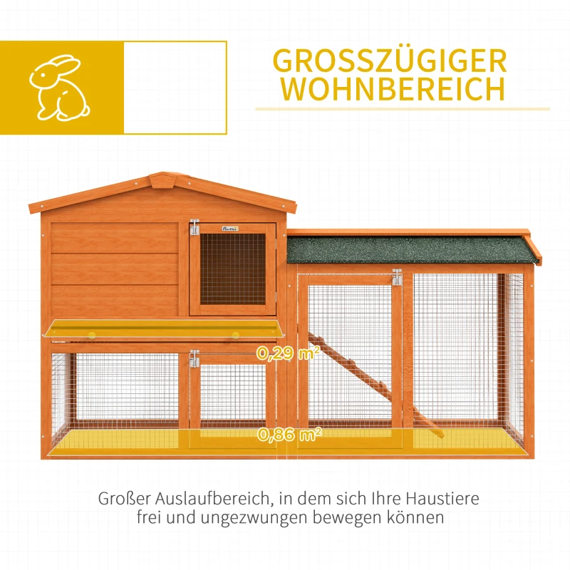 PawHut Kleintierstall, Kleintierkäfig, Outdoor-Kaninchenstall, Freilaufgehege, winterfest, Massivholz, 150 x 45 x 85 cm, Orange(m-4)