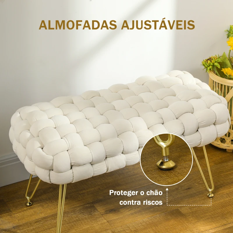 HOMCOM Apoio para os Pés Sala de Estar em Veludo com Pés de Metal e Assento Acolchoado para Dormitório Entrada 76x38x41,5 cm Creme