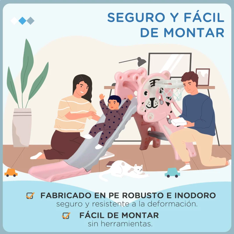AIYAPLAY Tobogán para Niños de 18 a 36 Meses con 2 Escaleras 1 Canasta de Baloncesto y Patrón de Tigre 133x60x70 cm Rosa y Gris