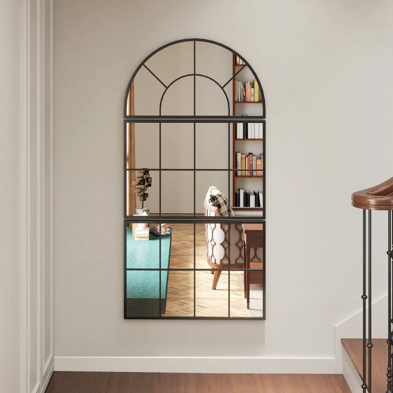 HOMCOM Miroir mural arqué miroir mural en forme de fenêtre ensemble de 3 pièces cadre en métal 76 x 43 cm noir