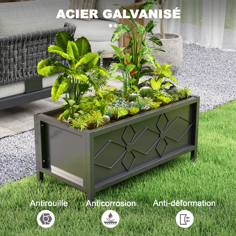 Outsunny Jardinière extérieure jardinière surélevée galvanisée avec bordure de sécurité rectangulaire 80 x 40 x 38 cm noir