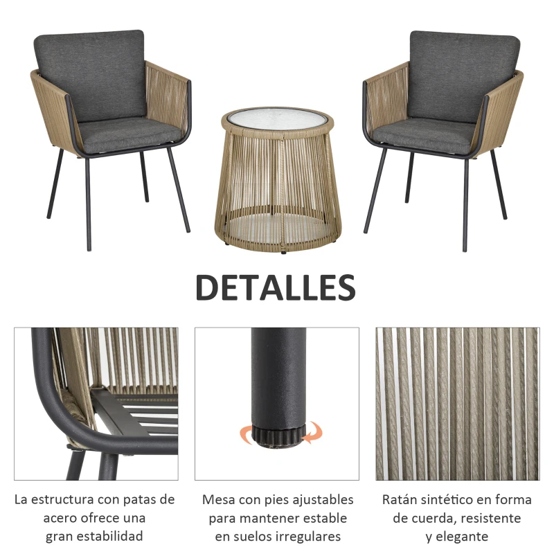 Outsunny Juego de 2 Sillas y Mesa de Ratán con Cojines Acolchados y Encimera de Vidrio para Balcón Terraza Café y Gris