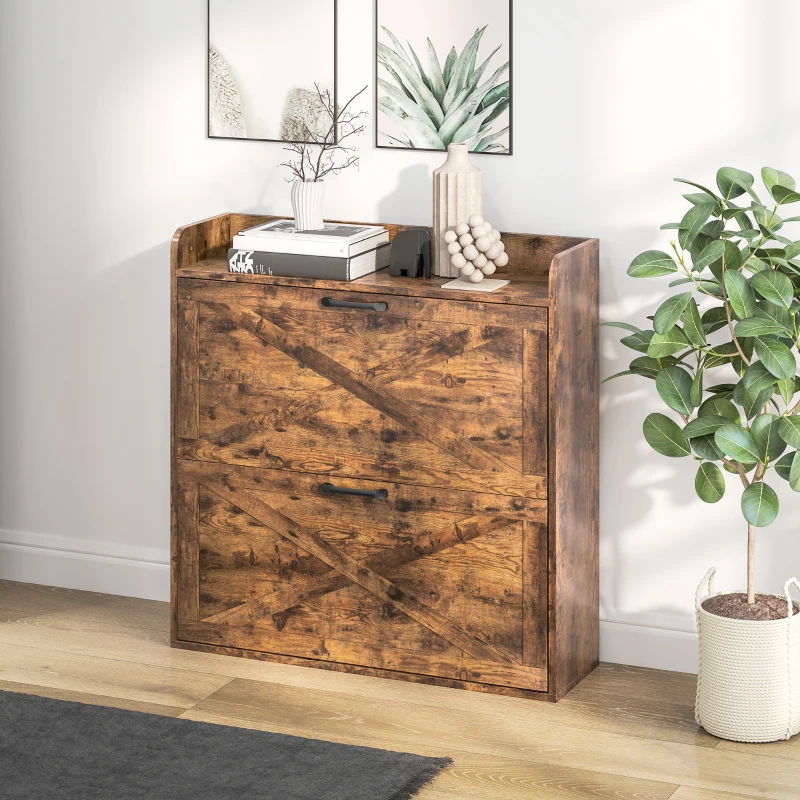 HOMCOM Two Flip Drawer Narrow Shoe Cabinet with Adjustable Shelves - Rustic Brown