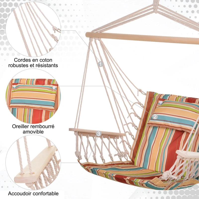 Outsunny Chaise suspendue hamac de voyage respirant portable 100 x 106 cm coton macramé polyester multicolore rayé