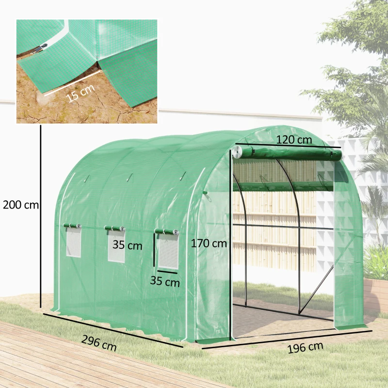 Outsunny Serre tunnel de jardin 6 m² 3 x 2 m avec 1 porte + 2 parois latérales zippées enroulables, 6 fenêtres, vert