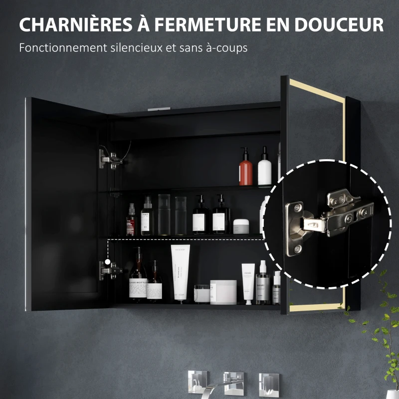 HOMCOM Armoire de toilette avec miroir, éclairage LED, 60 x 80 cm fonction anti-buée, variateur de lumière, 3 couleurs, noir