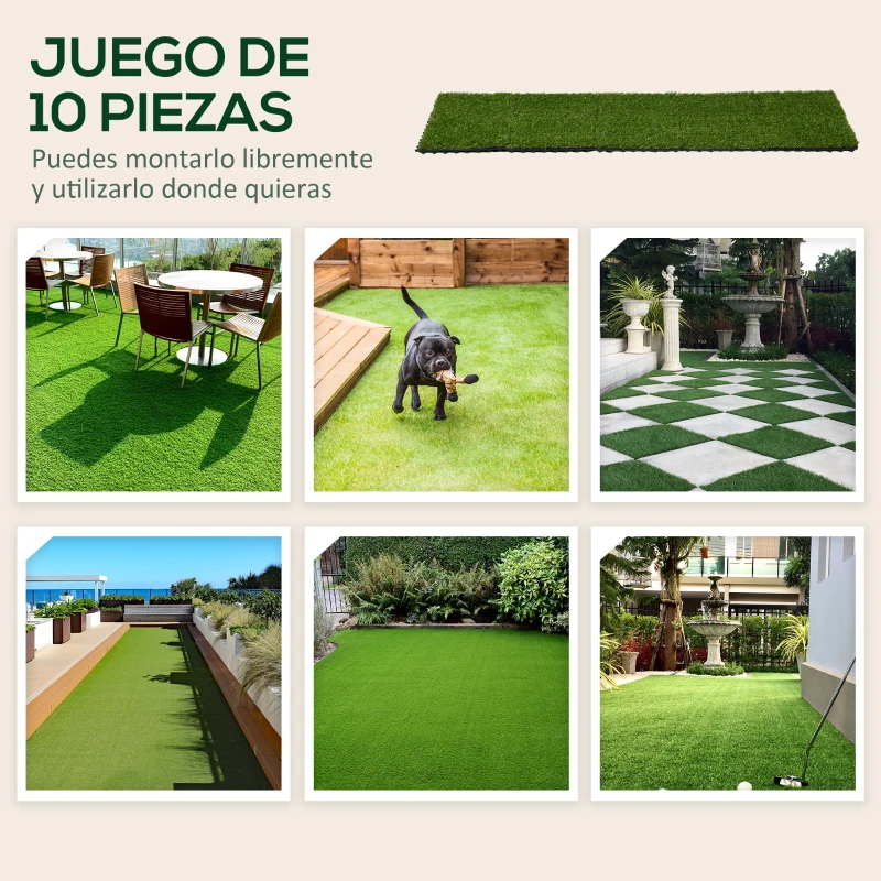 Outsunny Césped Sintético de 10 Piezas Alfombra Césped Artificial 30x30 cm con Altura de Hierba 20 mm y Anti-UV Verde Oscuro