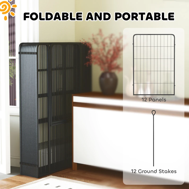 PawHut 12-Panel Solid Dog Playpen with Doors, for Large Dogs, 100cm Tall, Black