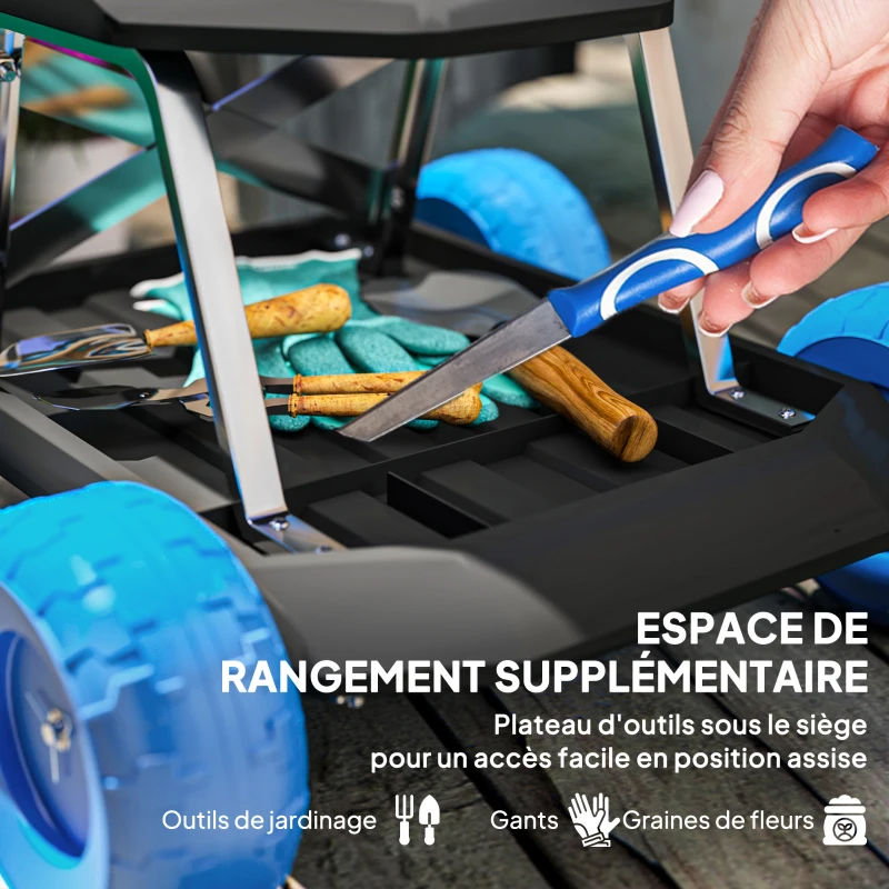Outsunny Siège de jardin sur roues tabouret de jardinage plateau à outils pour désherber planter 50 x 49 x 32 cm bleu