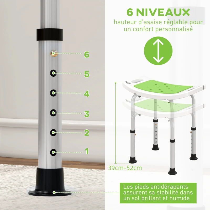 HOMCOM Siège de Douche réglable en Hauteur Tabouret de Douche Ergonomique Pieds antidérapants Charge Max. 135 Kg alu HDPE Vert