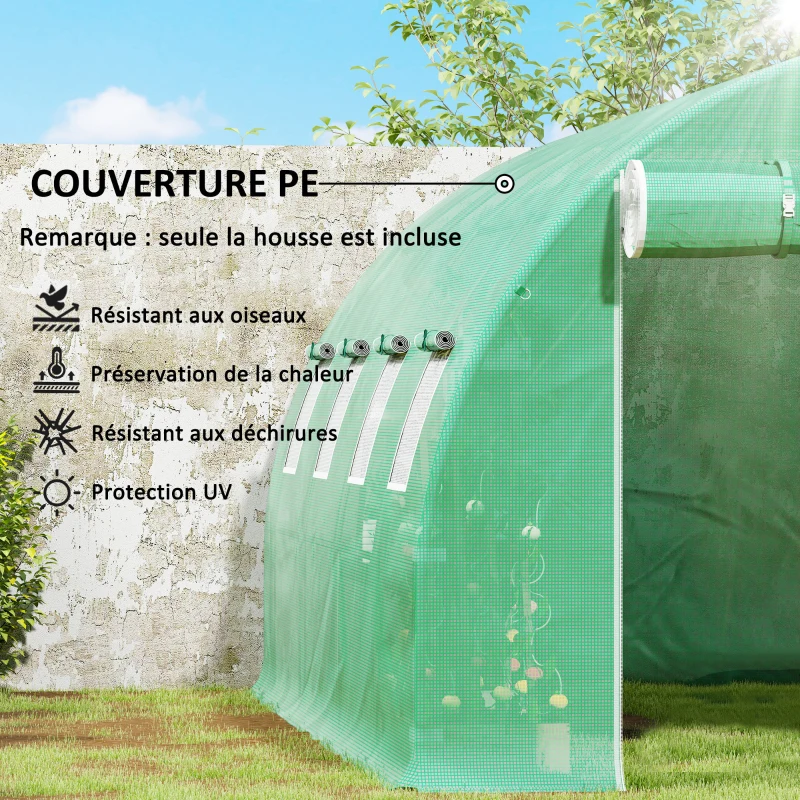 Outsunny Bâche de rechange serre tunnel 12 m² 4 x 3 x 2 m PE anti-UV imperméable 8 fenêtres + porte enroulable zippée vert