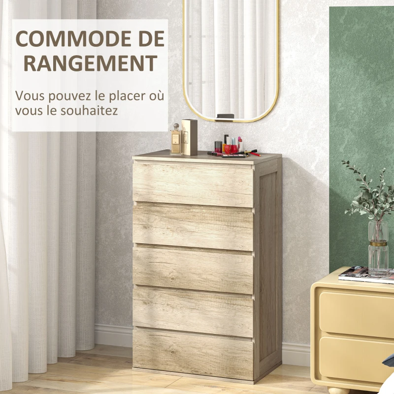 HOMCOM Commode 5 tiroirs meuble de rangement sans poignées design minimaliste 60 x 38 x 100 cm bois naturel
