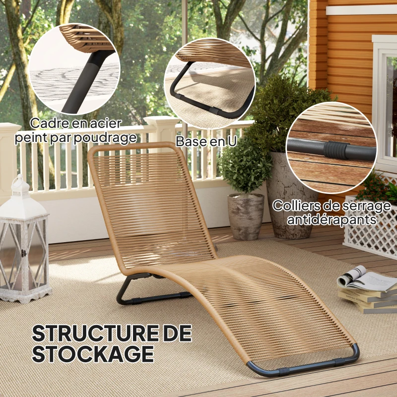 Outsunny Bain de soleil, chaise longue en résine tressée, en forme de S, cadre en acier  176 x 58 x 82 cm, naturel