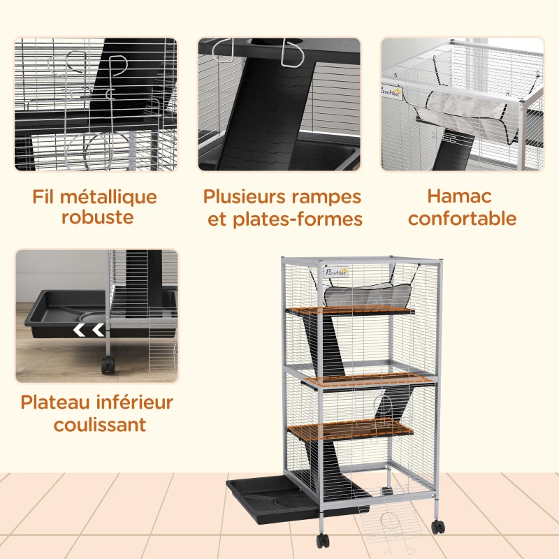 PawHut Cage pour Petits Animaux Portable à 4 Niveaux avec Roulettes, 2 Portes, 3 Rampes, Hamac et Plateau Amovible
