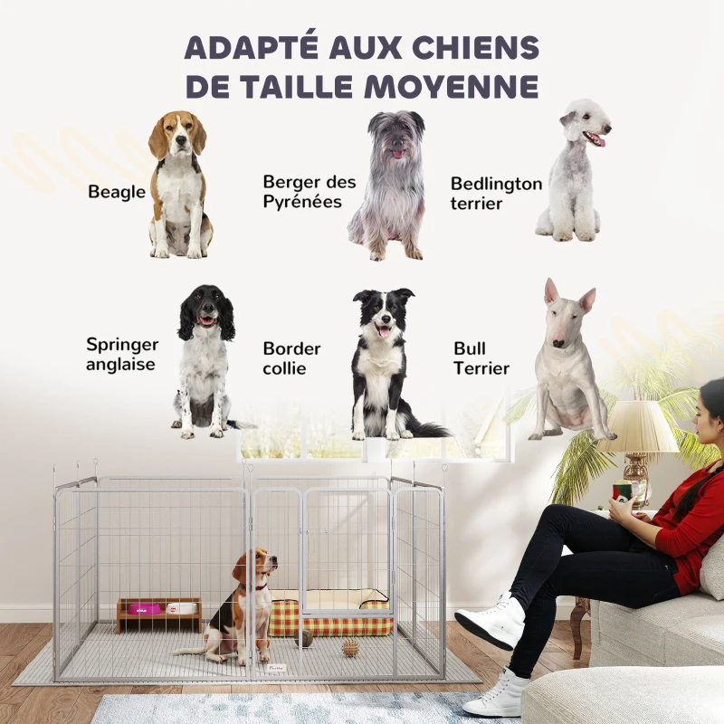 PawHut Parc pour chien enclos chien 8 panneaux modulable pliable acier avec porte pour chiot intérieur extérieur 80H cm argent