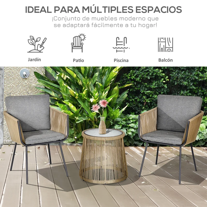 Outsunny Juego de 2 Sillas y Mesa de Ratán con Cojines Acolchados y Encimera de Vidrio para Balcón Terraza Café y Gris