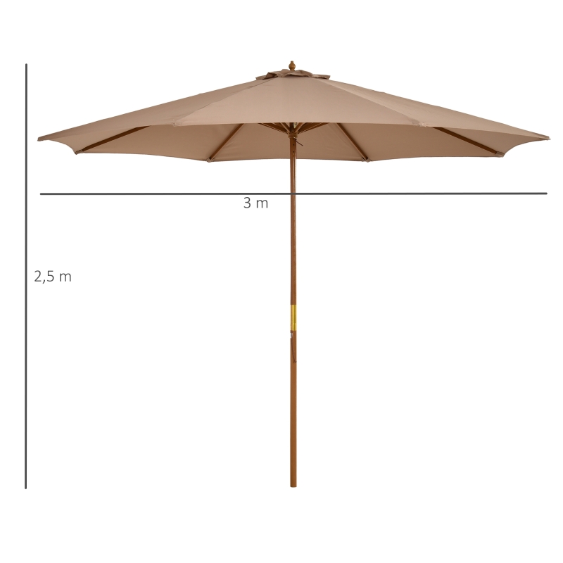 Outsunny Parasol droit parasol de jardin double toit en bois polyester haute densité protection solaire Ø 3 x 2,5 m kaki