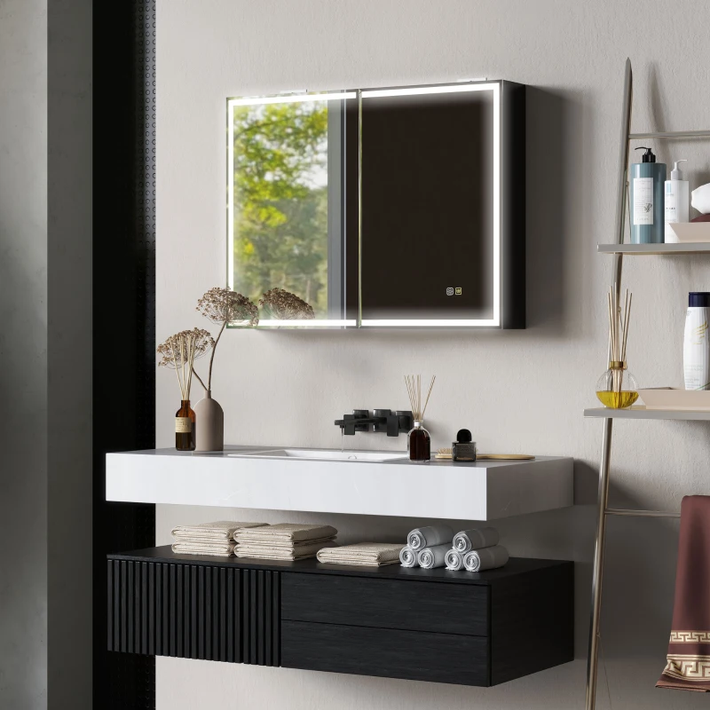 HOMCOM Armoire de toilette avec miroir, éclairage LED, 60 x 80 cm fonction anti-buée, variateur de lumière, 3 couleurs, noir