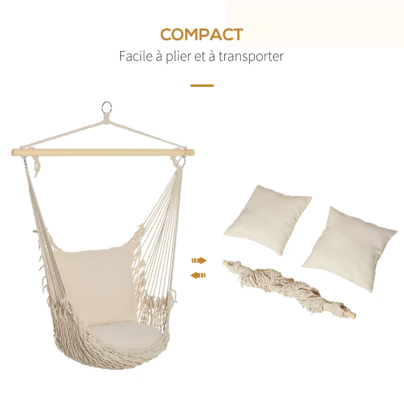 Outsunny Fauteuil suspendu extérieur et intérieur chaise hamac balançoire avec coussins, tissage en coton, charge 120 Kg, blanc