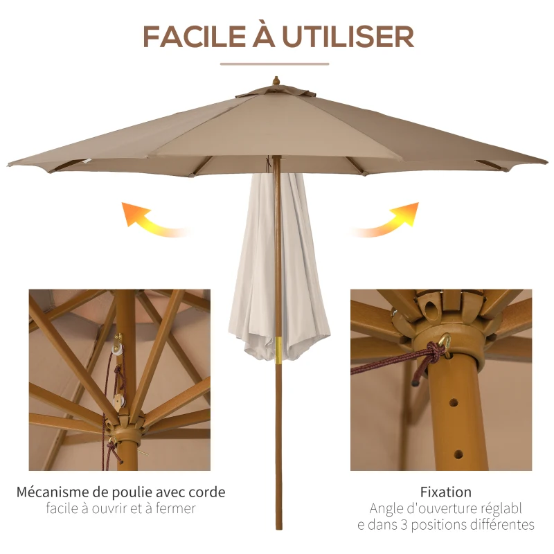 Outsunny Parasol droit parasol de jardin double toit en bois polyester haute densité protection solaire Ø 3 x 2,5 m kaki