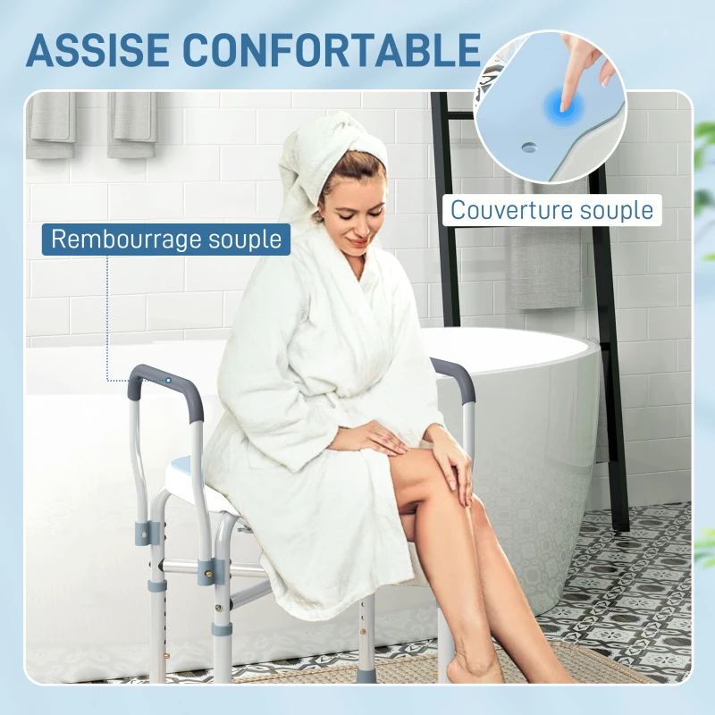 HOMCOM Chaise de douche avec accoudoirs siège de douche en forme U hauteur réglable anti-dérapant 53 x 36 x 64-75 cm bleu clair