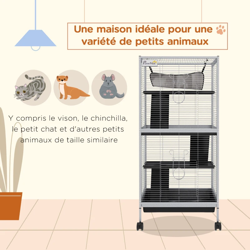 PawHut Cage pour Petits Animaux Portable à 4 Niveaux avec Roulettes, 2 Portes, 3 Rampes, Hamac et Plateau Amovible