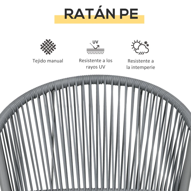 Outsunny Juego de 2 Sillas y Mesa de Ratán con Cojines Acolchados y Encimera de Vidrio para Balcón Terraza Gris