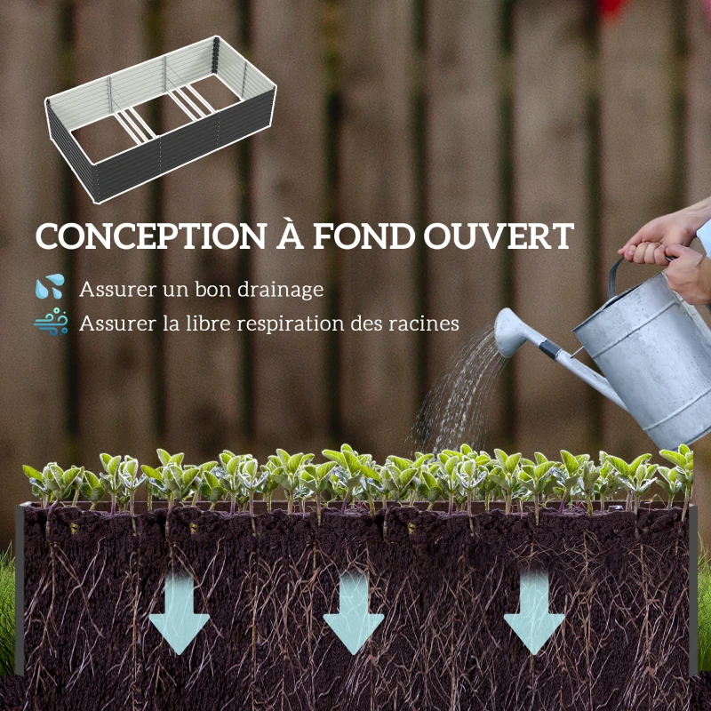 Outsunny Jardinière surélevée galvanisée rectangulaire pour l'extérieur - fond ouvert - 240 x 120 x 60cm, Gris