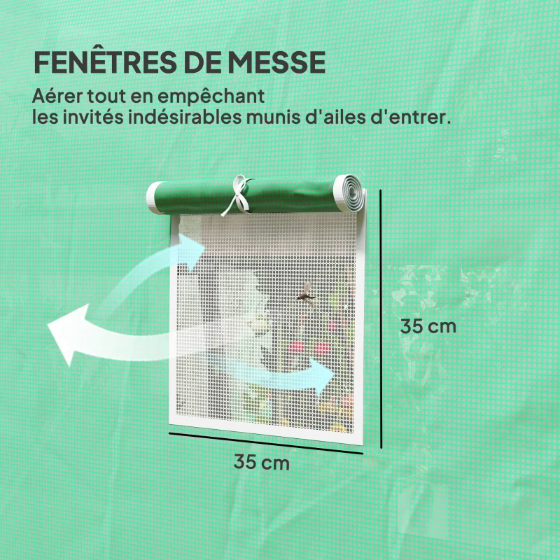 Outsunny Serre tunnel de jardin 6 m² 3 x 2 m avec 1 porte + 2 parois latérales zippées enroulables, 6 fenêtres, vert